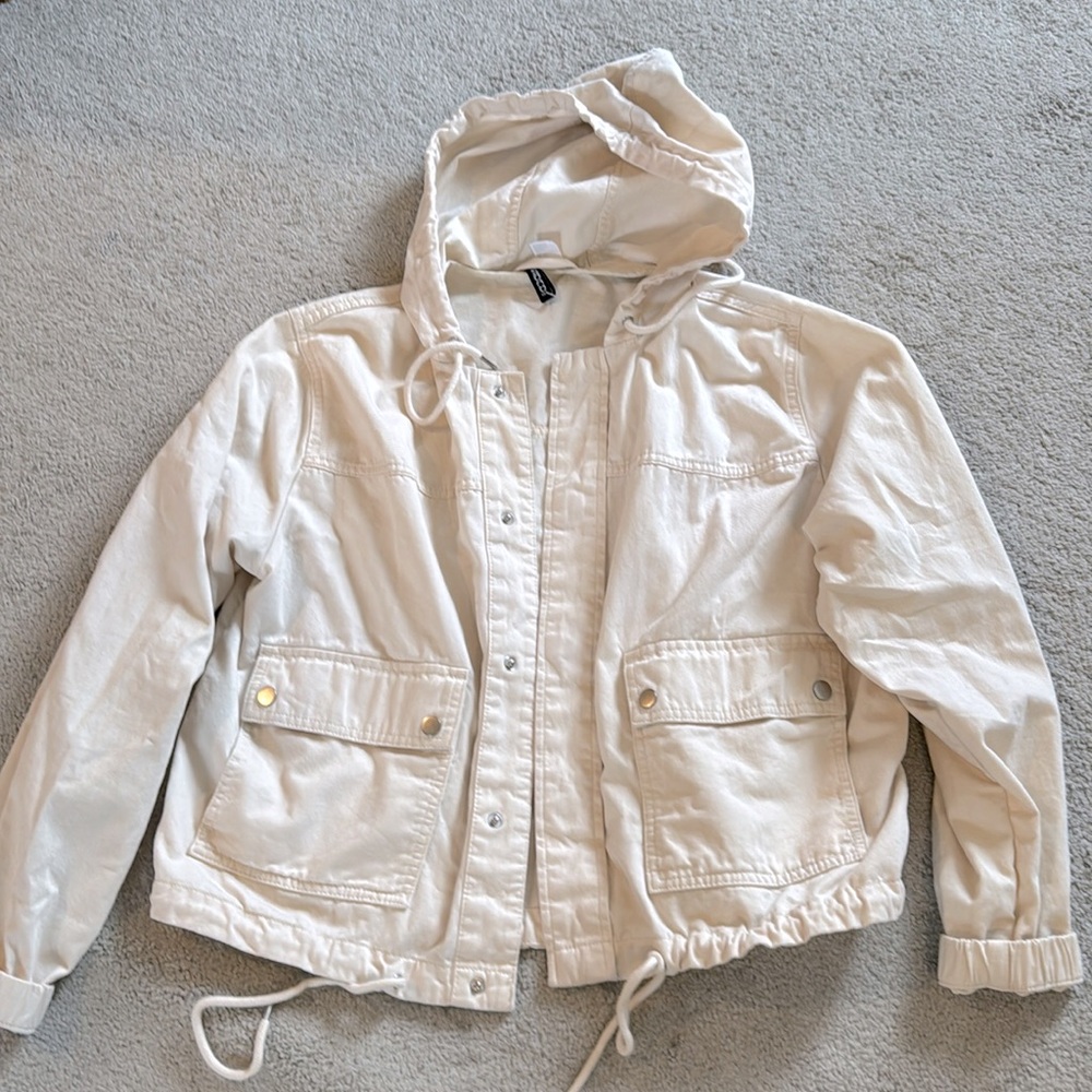 Cream bomber/utility jacket. Waist length